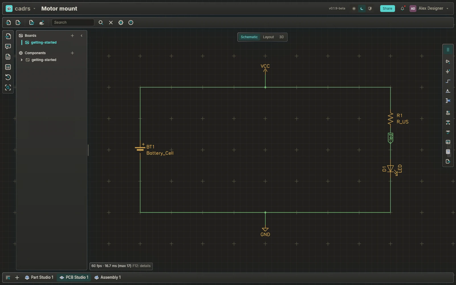A schematic in a PCB Studio: a battery, a resistor and an LED between VCC and GND